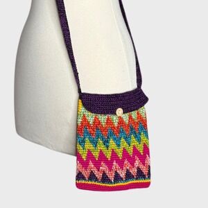 100% Rainbow Chevron Cotton Crochet Crossbody Small Festival Handbag Purse